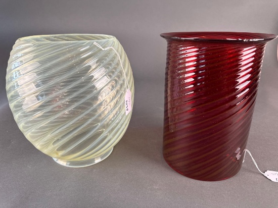 2 large petticoat lamp shades 1 pidgeon blood, 1 blue/green opal swirl