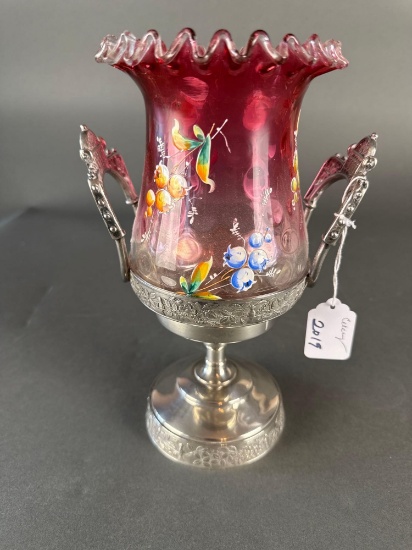 Cranberry Celery holder 1890s silver holder