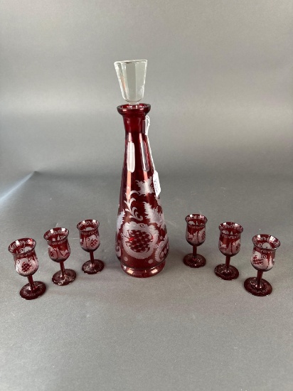Early Bohemian glass liquer decanter and 6 glasses