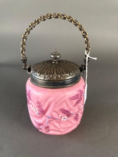 Pink Victorian art glass cracker jar
