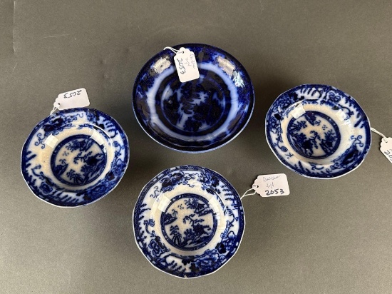4 Flow Blue bowls, 1 Manilla, 3 Improved stone ware