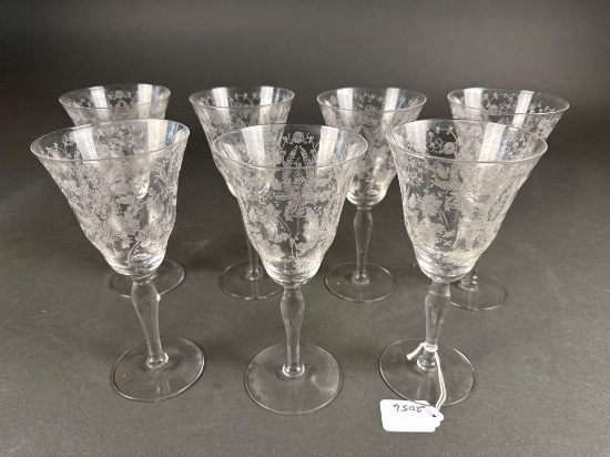 Set of 7 floral etched crystal stems