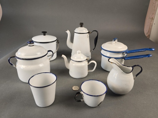 8 pieces white black rim graniteware