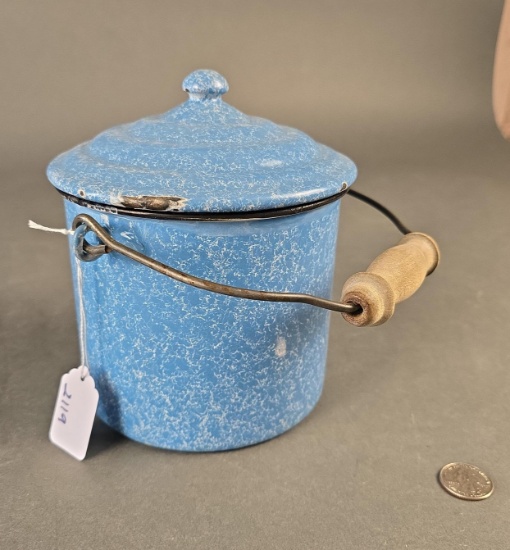 Great blue mottled granite pail with lid