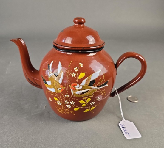 Brown granite tea pot with birds