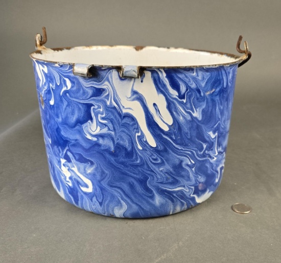 Early cast blue swirl cooking pot