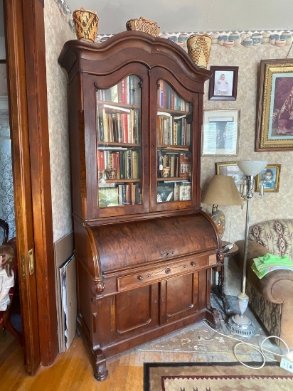 Solid Walnut book case/ cylinder roll desk combo. 1840s
