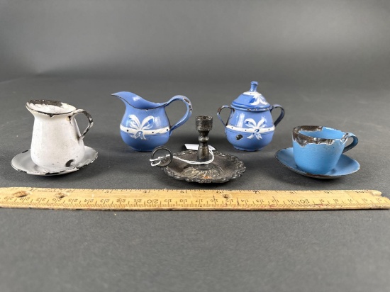 4 pcs childs granite and a silver candlestick