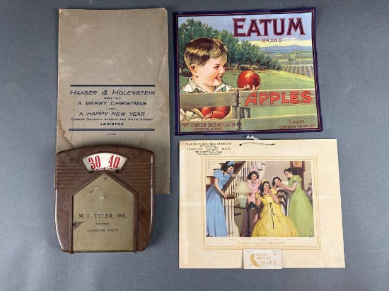 4 souvenirs, a small scale from M.L.Tyler Ins. Lewiston, ID. 7"