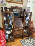 Great oak double china bookcase with carved lions heads 1890s