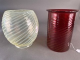 2 large petticoat lamp shades 1 pidgeon blood, 1 blue/green opal swirl