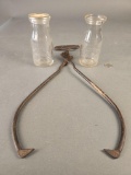 2 early Lewiston embossed Huggins Dairy bottles and a Huggins ice tongs