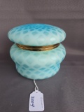Blue quilted satin covered dresser jar