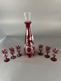 Early Bohemian glass liquer decanter and 6 glasses