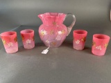 Pink Victorian pitcher, 4 glass lemonade set
