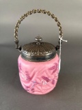 Pink Victorian art glass cracker jar