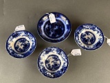 4 Flow Blue bowls, 1 Manilla, 3 Improved stone ware