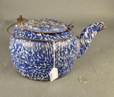 Early cast blue swirl tea kettle for stove top