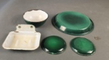 5 pieces early green banded granite ware