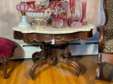 1870's Marble turtle top walnut coffee table