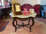 Marble turtle top walnut center table 1870s