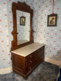 Walnut dresser with drop pulls marble top