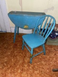 Child's blue drop leaf table and chair