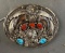 Sterling Navajo belt buckle with Turq,coral and 2 bear claws signed D.N.