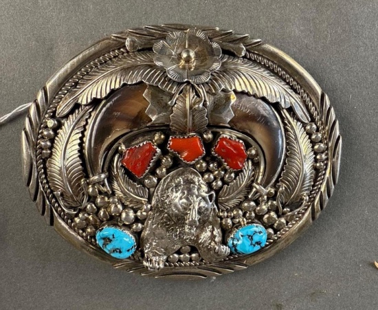 Sterling Navajo belt buckle with Turq,coral and 2 bear claws signed D.N.