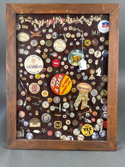 Large frame of early pinbacks many from the 1920s to 1940s