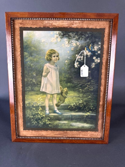 Girl and Teddy Bear litho print in original frame