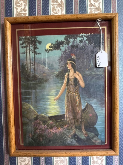Frank Robert Harper 1920s print Indian Lady in Canoe w/ Moon
