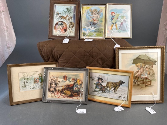 7 framed Victorian postcards and prints of winter scenes