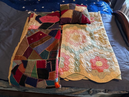 2 quilts, early local patwork with autographs and matching pillow 1928