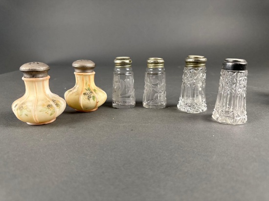 3 sets of salt and pepper, 1 cut, 1 embossed, 1 Victorian art glass