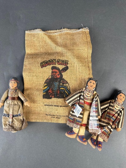 Mini gunny sack with Chief Joseph, (2) Chief Joseph dolls and a Mrs. Chief Joe