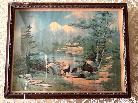 Outdoor scene with tipis and deer