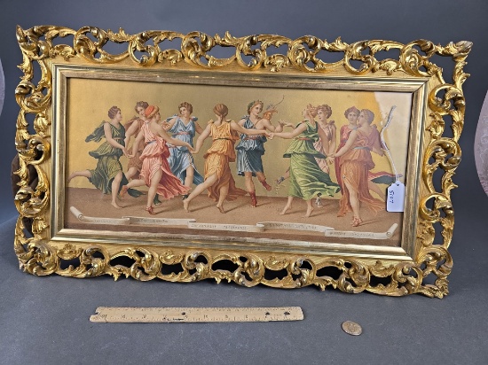 Gold styled open scrolled work frame with early print