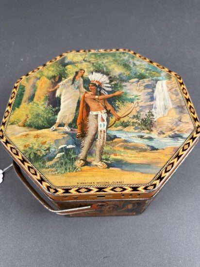 Octagonal tin with Natives. Hiawatha's wedding journey