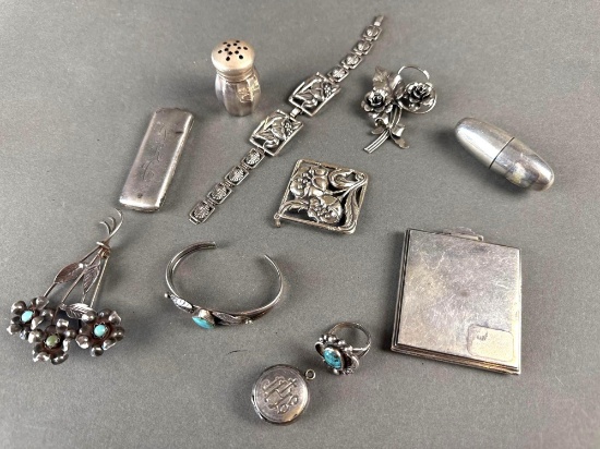 Bag of sterling jewelry including bracelet, vintage compact, hairpin case