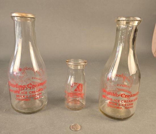 Orofino Creamery bottles, 2 quarts and a half pint