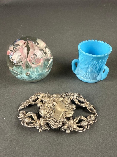 Ladies art nouveau buckle, paper weight, blue swan toothpick