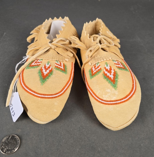 Buckskin moccasins with beaded geometric design