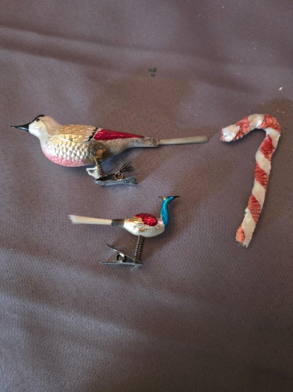 (2) Victorian bird ornaments and a Chenille candy cane