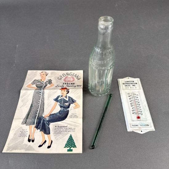 Lewiston thermometer, bottle Lewiston Bottling works,
