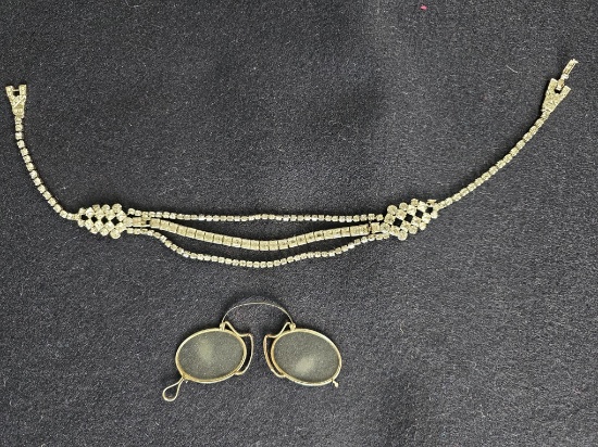Sterling rhinestone necklace and early glasses