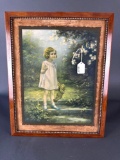 Girl and Teddy Bear litho print in original frame