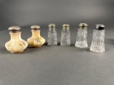 3 sets of salt and pepper, 1 cut, 1 embossed, 1 Victorian art glass