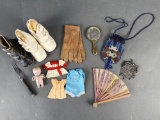 Collection of doll items, mesh chatelaine purse, beaded purse