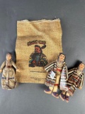 Mini gunny sack with Chief Joseph, (2) Chief Joseph dolls and a Mrs. Chief Joe